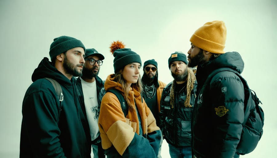 Diverse group of Canadian musicians collaborating in professional recording studio