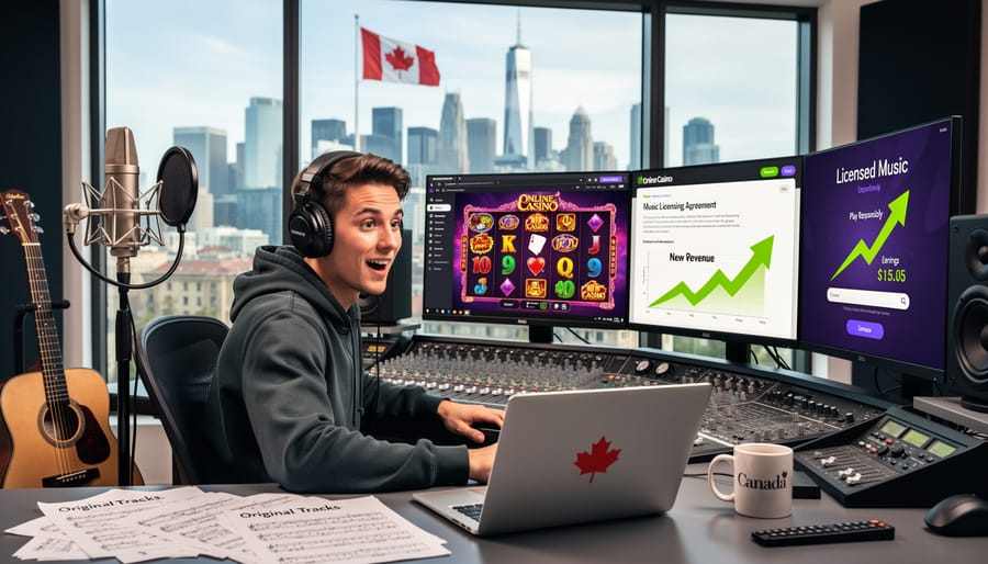 Canadian musician working in recording studio with casino gaming content visible on monitor