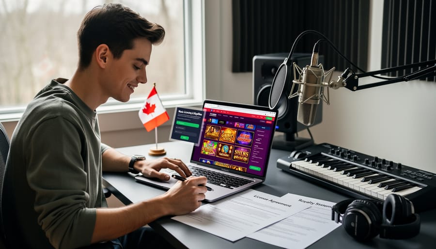 Group of Canadian musicians reviewing licensing agreements and contracts in professional setting
