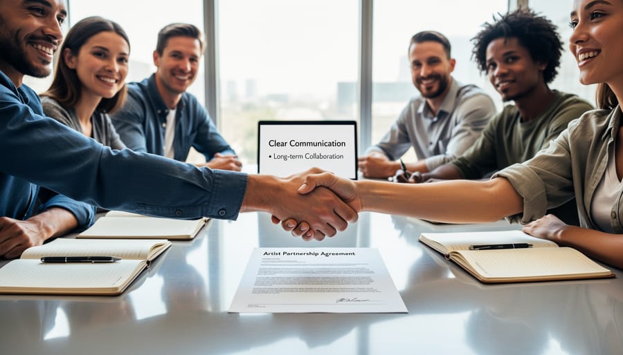 Professional handshake between music industry partners over contract documents