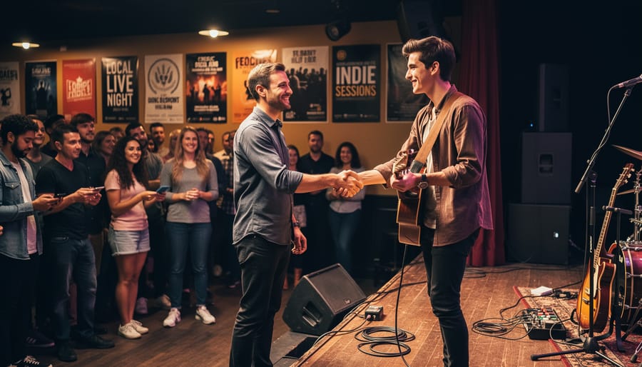 Musicians performing on stage in intimate venue with engaged audience