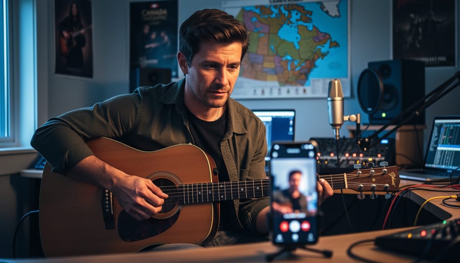 Canadian musician in a home studio holding a guitar while connecting via a video call with a supportive peer, with softly blurred music equipment and Canadian-themed decor in the background.