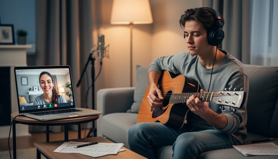 Canadian musician seated at a keyboard connected by a video call in a small practice room