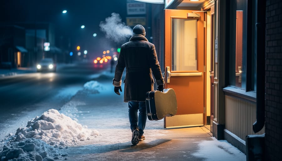 Musician with guitar case standing outside a Canadian venue at night in winter under warm streetlight