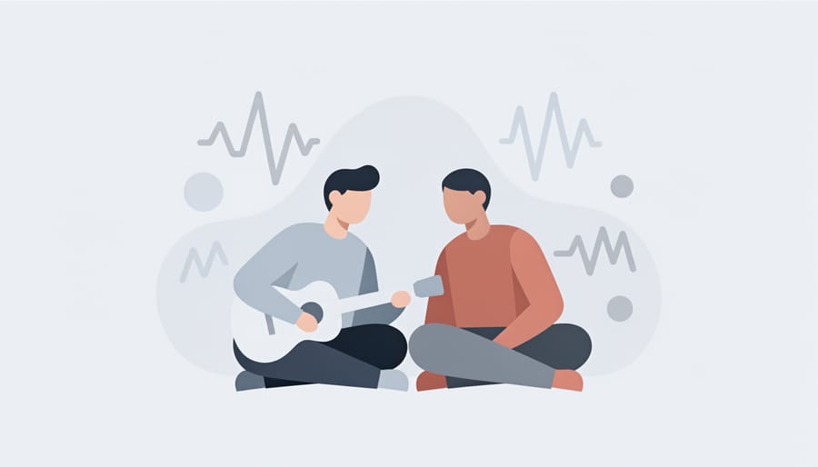 Two musicians in a community music room sharing headphones after rehearsal
