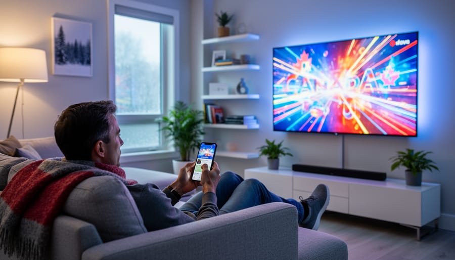 Person lounging on a couch watching music video streaming on a TV while holding a smartphone, with a softly glowing screen in a cozy Canadian living room.