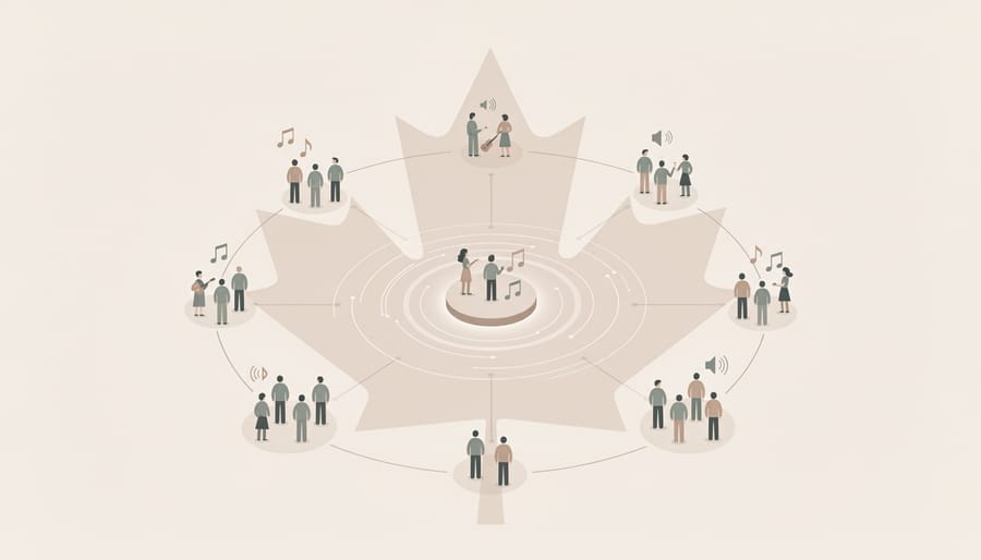 Canadian musicians and fans outdoors at night near audio equipment and a smartphone, conveying community around music streaming