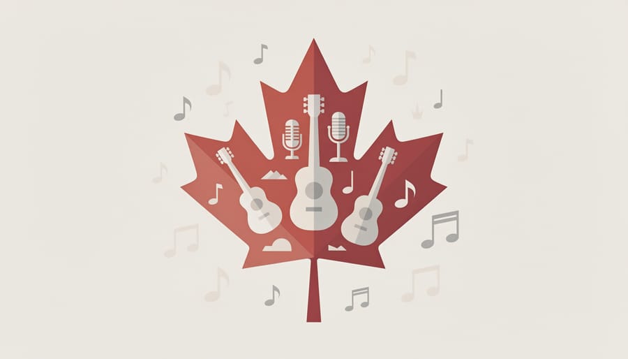 Close-up of a maple leaf sculpture made from guitar picks and vinyl records on a wooden surface