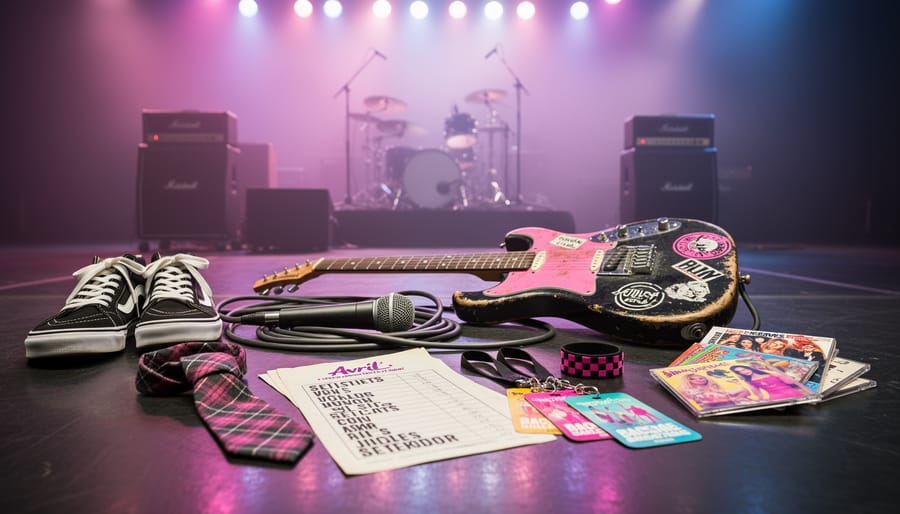 Close-up of guitar case and concert memorabilia on a stage floor with blurred concert lights in the background