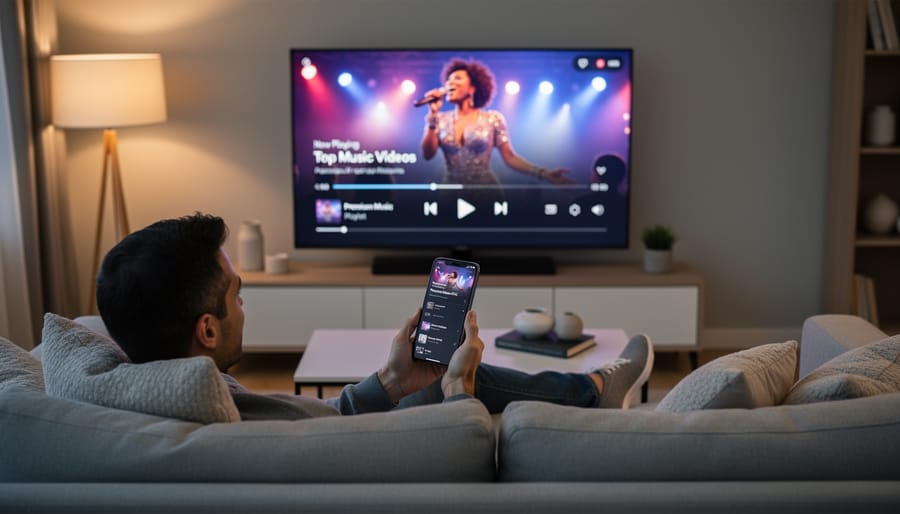 Person holding a smartphone while watching a music video streaming experience on a TV in a cozy living room