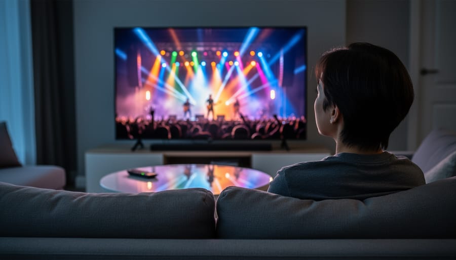 Wide view of a concert stage with colorful spotlights and empty seats, suggesting live performance atmosphere