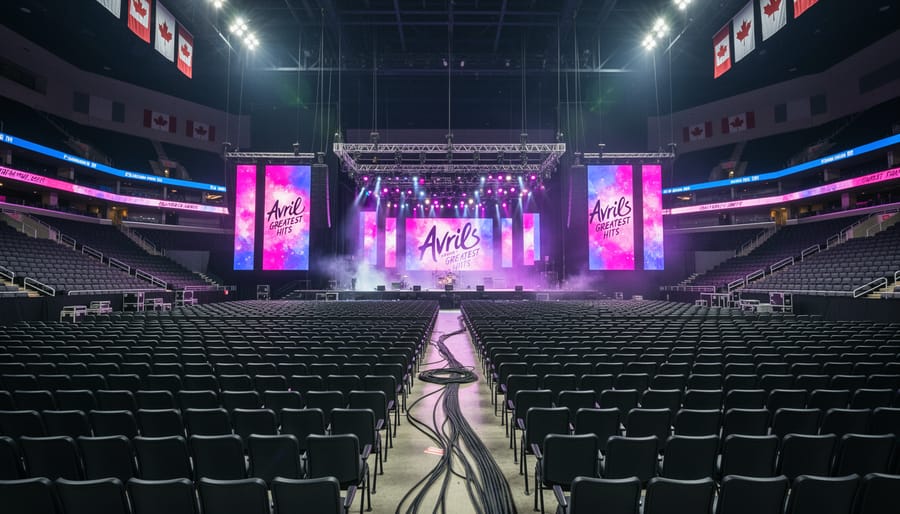 Wide view of a concert venue at night with stage lighting glow and empty barricades