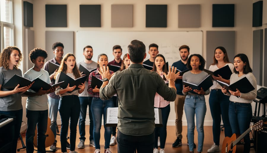 Music teacher conducting a classroom choir with students holding instruments in the background