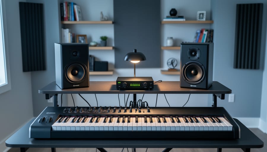 A modern home studio music production desk with tiered keyboard platform, studio monitors at ear level, and organized audio gear with clean cable management.