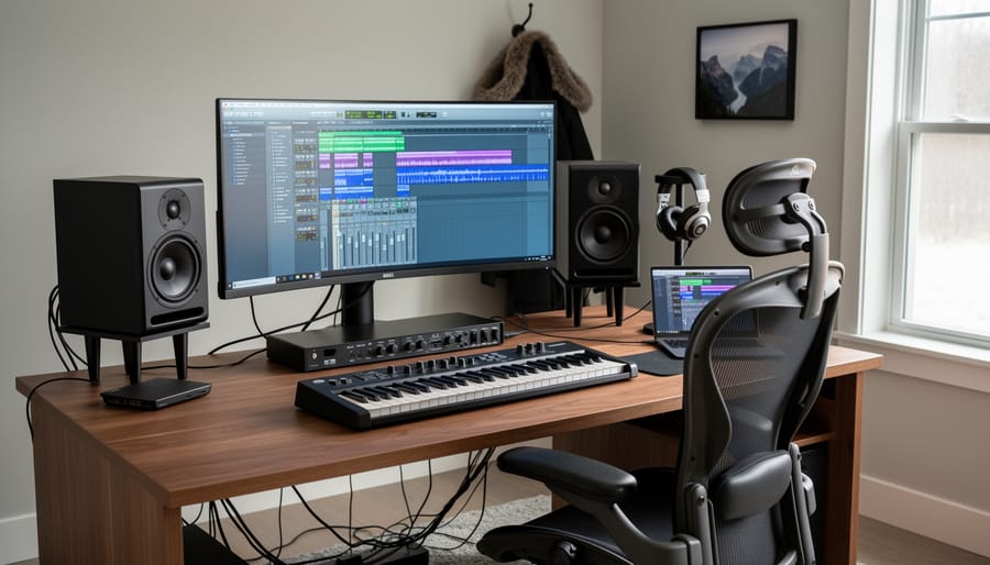 Canadian home studio workspace with a dedicated music production desk, studio monitors, MIDI keyboard, and tidy cable management.
