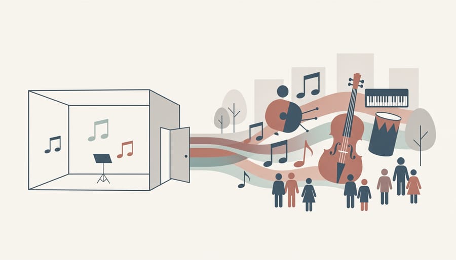 Outdoor community music performance with drum and violin players in warm golden light