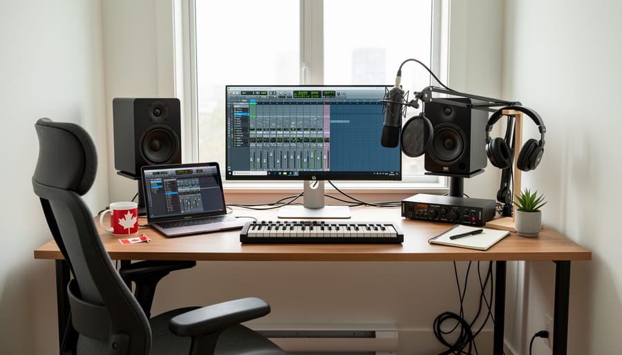 Compact apartment home studio setup with a multi-tier music production desk, monitors, MIDI controller, and tidy power integration.