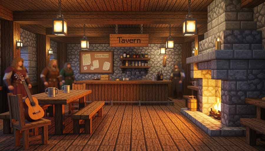 Warmly lit medieval tavern interior with lantern glow and detailed wooden textures