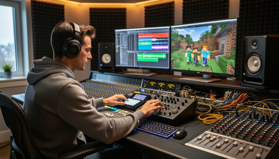 Hands adjusting studio headphones next to a laptop and music production gear for sound design