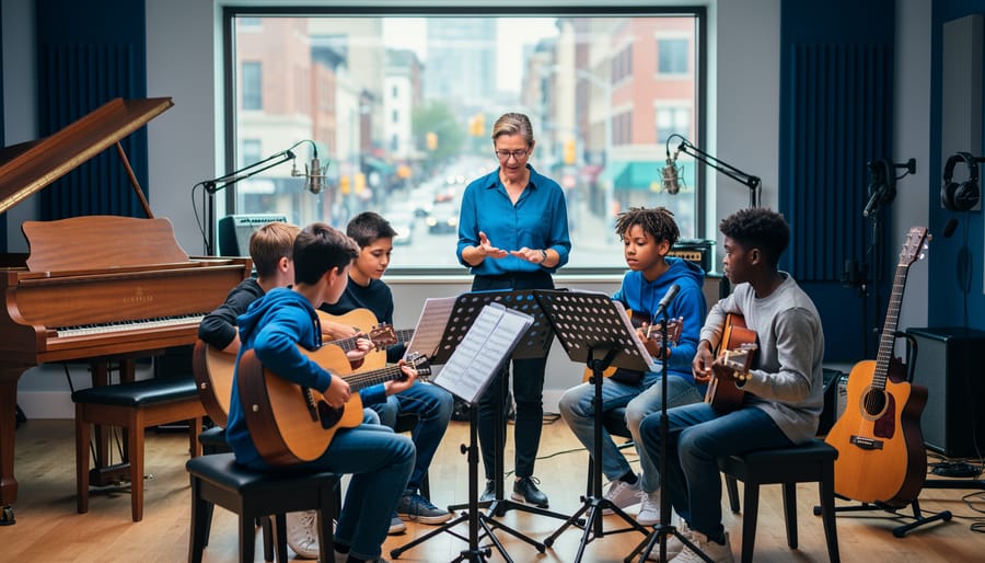 A music teacher mentoring a diverse group of students in a Canadian studio beside a piano and guitars during a music lesson.