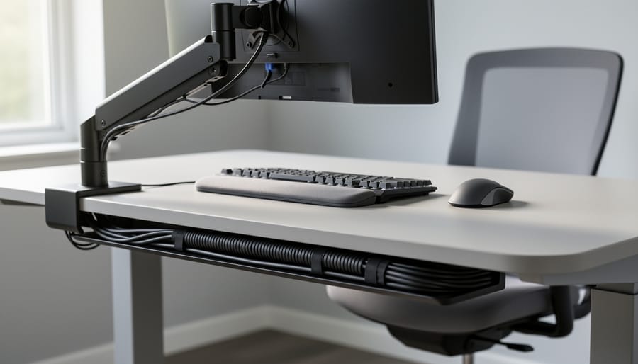 Close-up of a music production desk showing a keyboard tray, adjustable monitor stand, and a cable grommet with neatly routed cables.