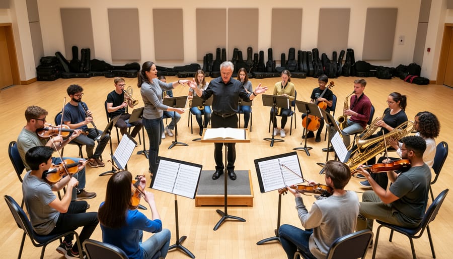 Conductor leading an ensemble rehearsal in a university music room
