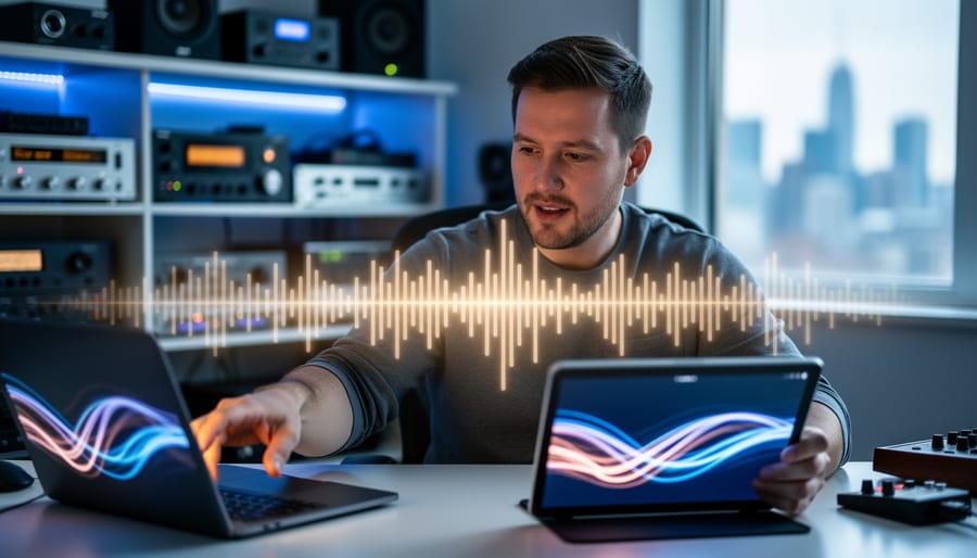 A Canadian creator in a modern editing room with a laptop and tablet, surrounded by glowing music waveform light trails symbolizing AI-powered production music licensing.