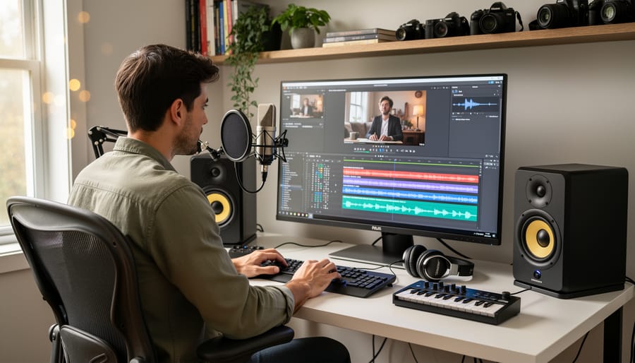 Canadian creator editing video in a home studio with headphones and laptop