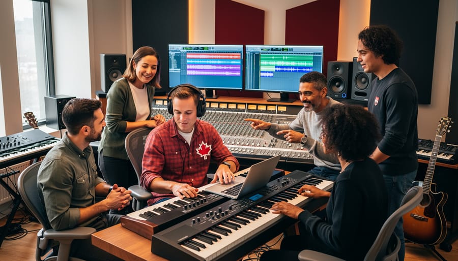 Composers working in a recording studio with guitar, MIDI keyboard, and microphones