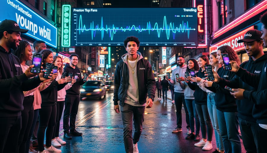 People gathered outside a music venue at night with phone lights glowing in the crowd