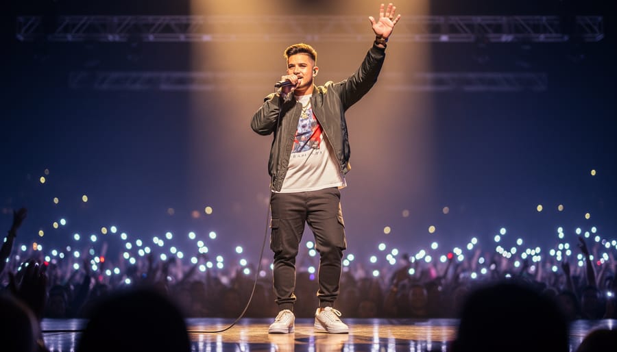 Preston Pablo performing on a stage with microphone in hand under colorful concert lights, with a softly blurred audience in the background.